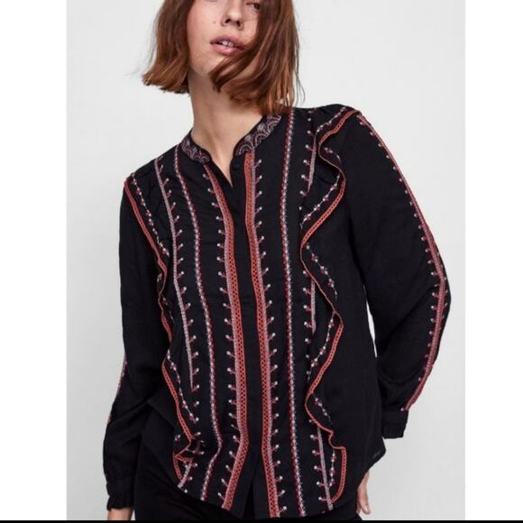 ZARA WOMAN Embroidered Ruffle Long Sleeve Black Button Down Shirt Size XS - Picture 1 of 16